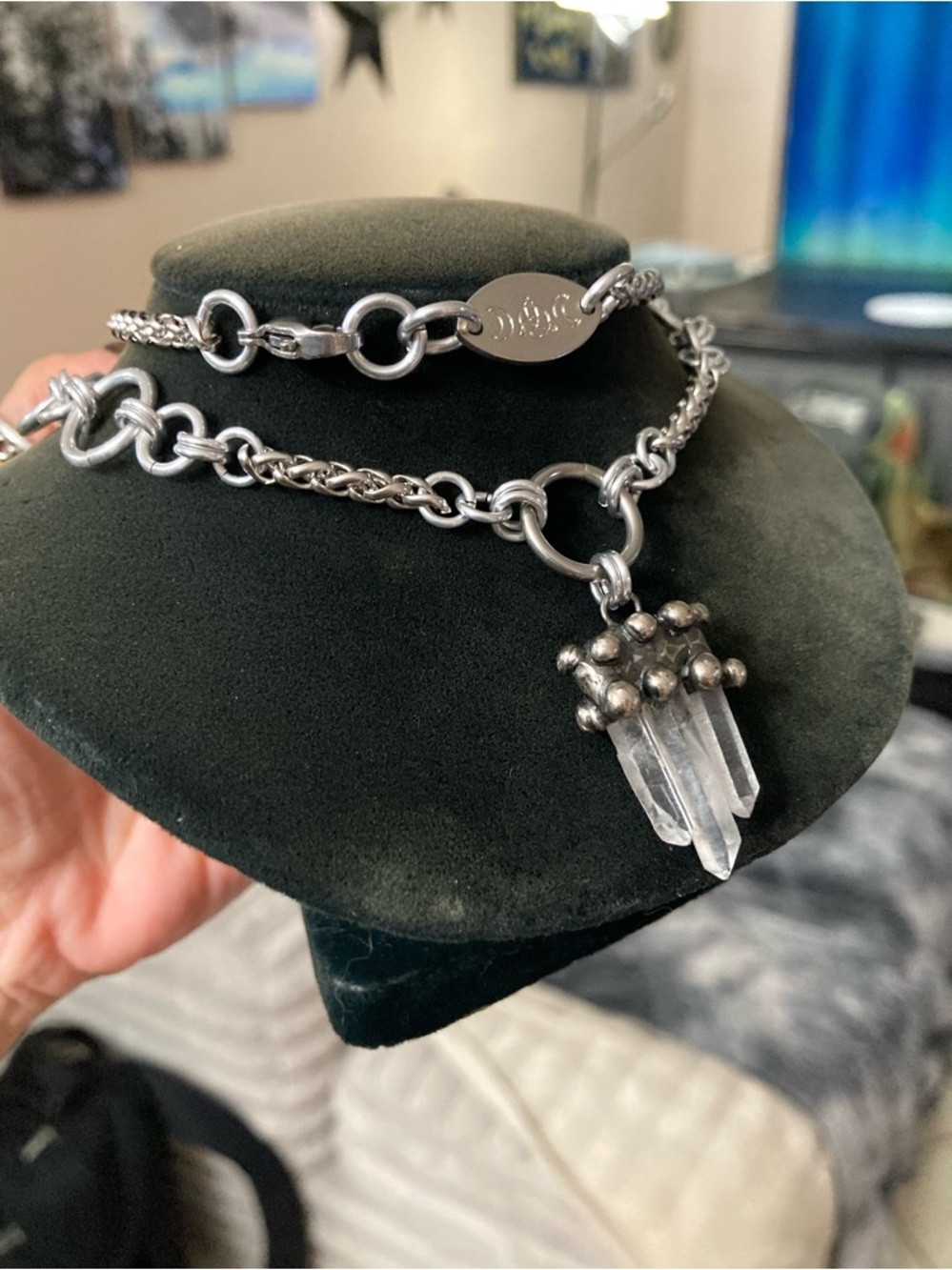 Handmade Genuine raw crystal quartz maille stainless steel boho goth necklace - Picture 6 of 16